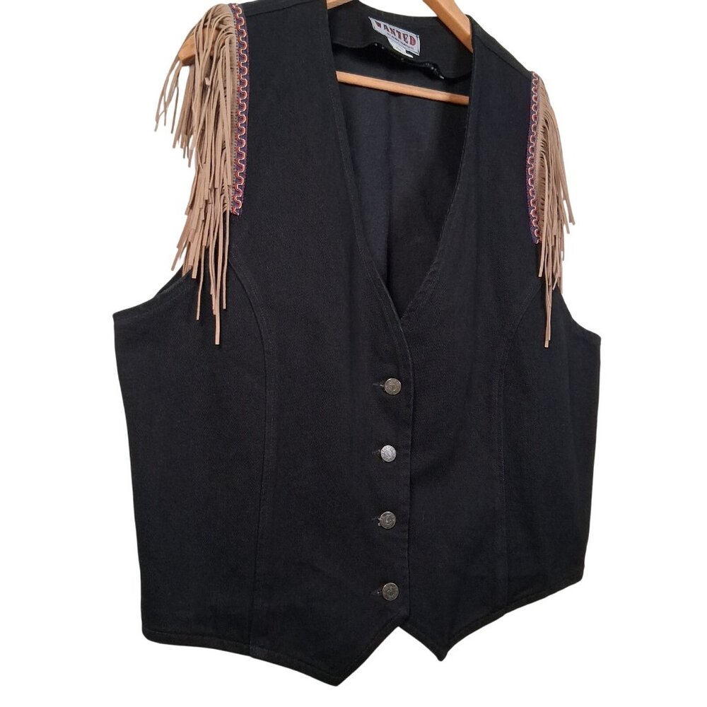 Vintage Western Wear Vest Women XL Wanted Beads Beautiful Fringe Black Denim USA - Picture 2 of 15